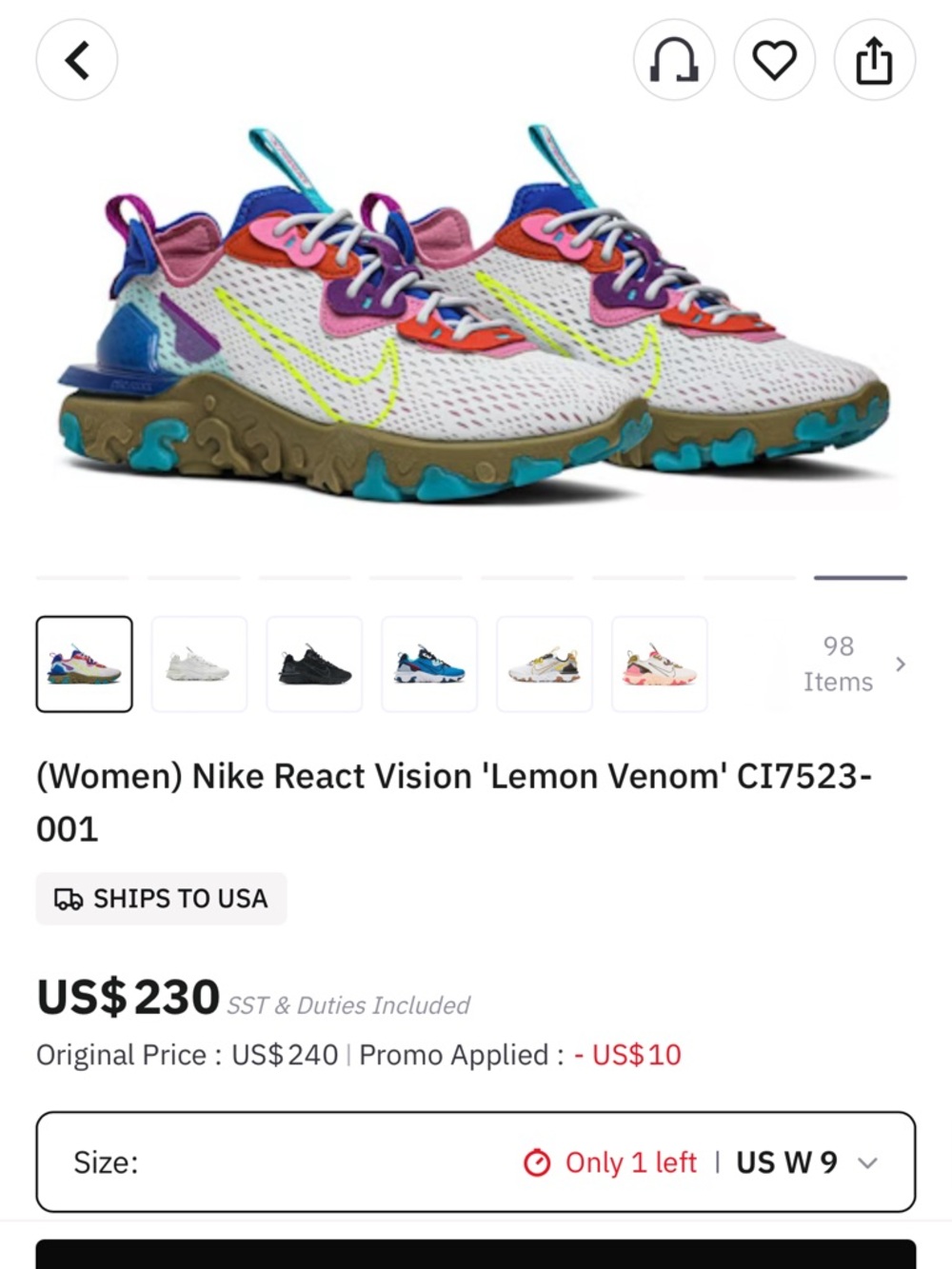 Nike React Vision Women's Sneakers - White, Teal, Purple, Pink, Neon Yellow